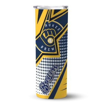 personalized milwaukee brewers web stripes navy blue white skinny tumbler best selling.webp