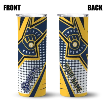personalized milwaukee brewers web stripes navy blue white skinny tumbler fashion forward.webp