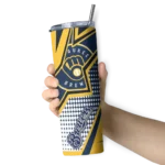 personalized milwaukee brewers web stripes navy blue white skinny tumbler best selling.webp