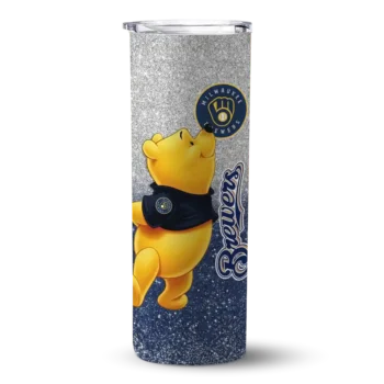 personalized milwaukee brewers winnie the pooh navy blue gray skinny tumbler best selling.webp