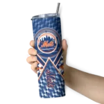 personalized new york mets monogram burst blue white skinny tumbler best selling.webp