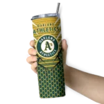 personalized oakland athletics chevron stripes green skinny tumbler best selling.webp