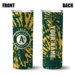personalized oakland athletics metallic grid green skinny tumbler best selling.webp