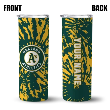 personalized oakland athletics metallic grid green skinny tumbler fashion forward.webp