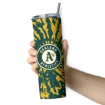 personalized oakland athletics metallic grid green skinny tumbler best selling.webp