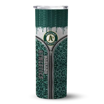 personalized oakland athletics sparkle drip green skinny tumbler best selling.webp