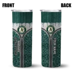 personalized oakland athletics sparkle drip green skinny tumbler best selling.webp