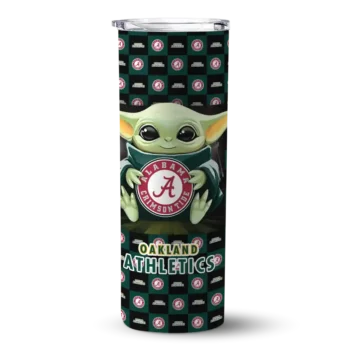 personalized oakland athletics yoda cozy green black skinny tumbler best selling.webp
