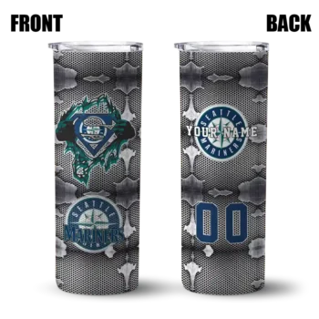 personalized seattle mariners chevron v navy blue gray skinny tumbler fashion forward.webp