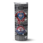 personalized texas rangers chevron v blue gray skinny tumbler best selling.webp