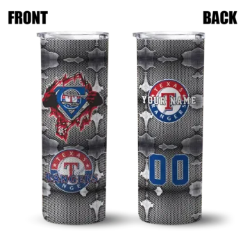 personalized texas rangers chevron v blue gray skinny tumbler fashion forward.webp