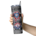 personalized texas rangers chevron v blue gray skinny tumbler best selling.webp