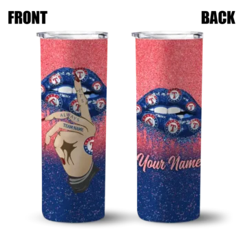 personalized texas rangers sparkle lips blue skinny tumbler fashion forward.webp