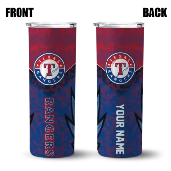 personalized texas rangers spiral burst print blue skinny tumbler fashion forward.webp