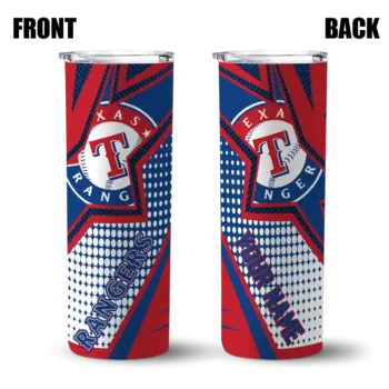 personalized texas rangers web stripes blue white skinny tumbler fashion forward.webp