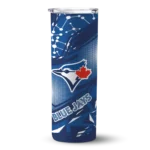 personalized toronto blue jays helmet clash blue skinny tumbler best selling.webp