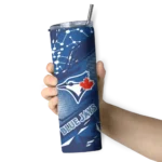personalized toronto blue jays helmet clash blue skinny tumbler best selling.webp