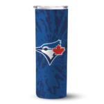 personalized toronto blue jays metallic grid blue skinny tumbler best selling.webp