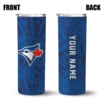 personalized toronto blue jays metallic grid blue skinny tumbler best selling.webp