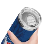 personalized toronto blue jays metallic grid blue skinny tumbler best selling.webp