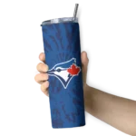 personalized toronto blue jays metallic grid blue skinny tumbler best selling.webp