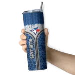personalized toronto blue jays sparkle drip blue skinny tumbler best selling.webp