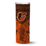 customized baltimore orioles spiral burst print orange skinny tumbler best selling.webp