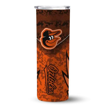 customized baltimore orioles spiral burst print orange skinny tumbler best selling.webp